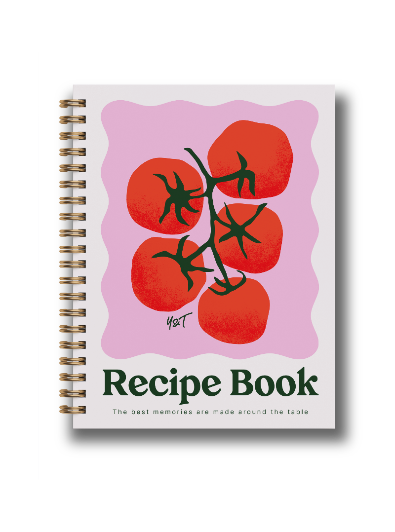 Recipe book with tomato design on a white background