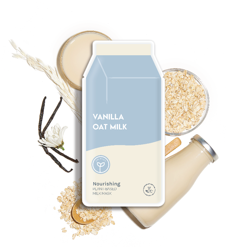 Vanilla oat milk packaging with ingredients on a white background