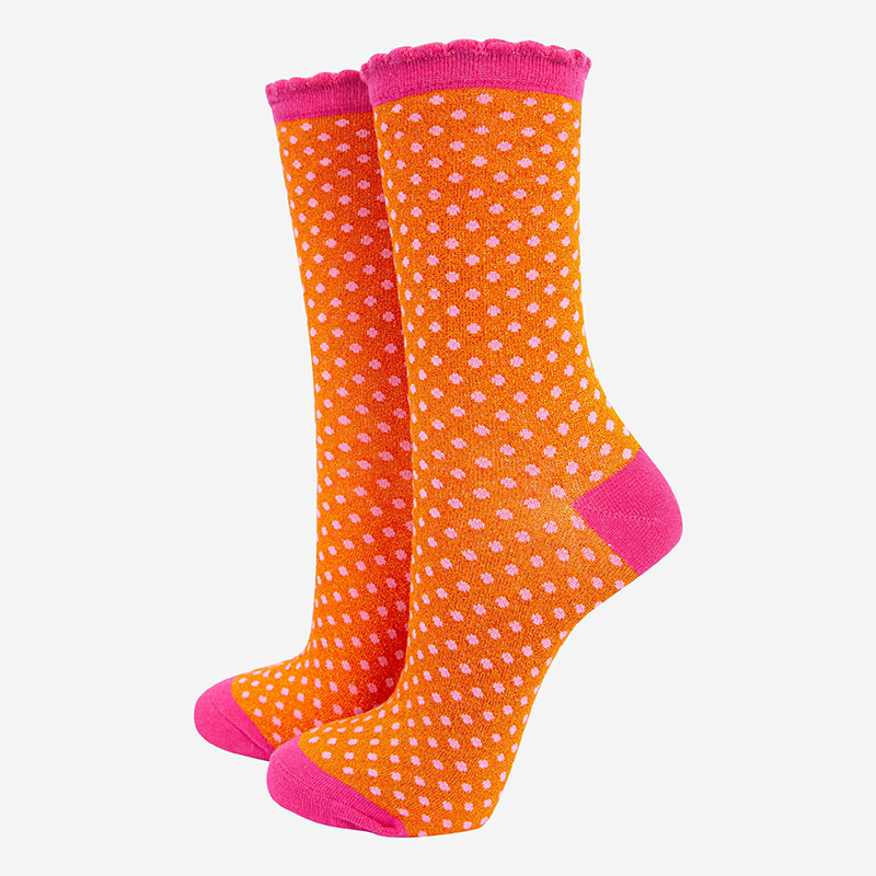 Women Cotton Glitter Socks Polka Dot Spots in Orange & Pink