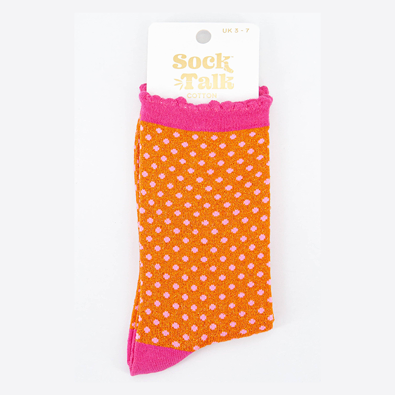 Women Cotton Glitter Socks Polka Dot Spots in Orange & Pink