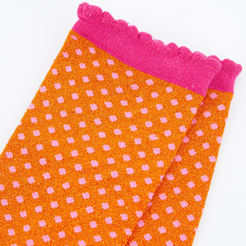 Women Cotton Glitter Socks Polka Dot Spots in Orange & Pink