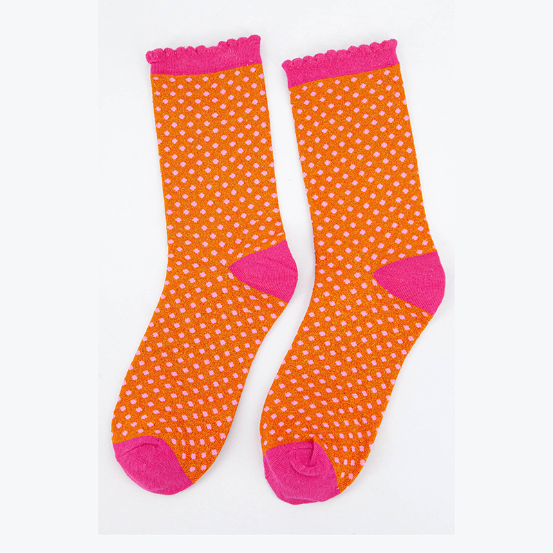 Women Cotton Glitter Socks Polka Dot Spots in Orange & Pink