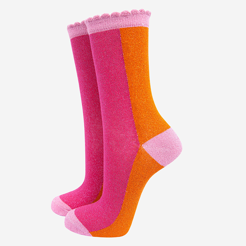 
Women's Cotton Glitter Socks Colour Block in Pink & Orange
