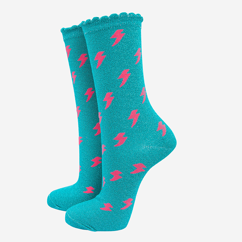 Women's Cotton Glitter Socks Lightning Bolt Blue Aqua