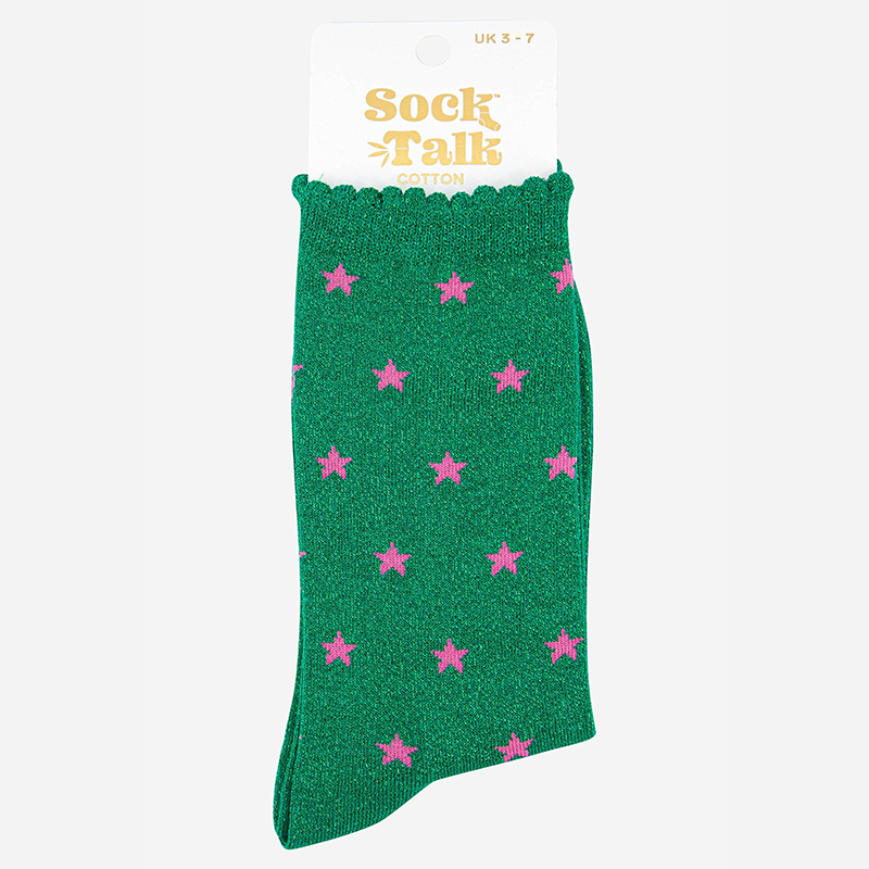 Womens Star Print Cotton Glitter Socks in Green