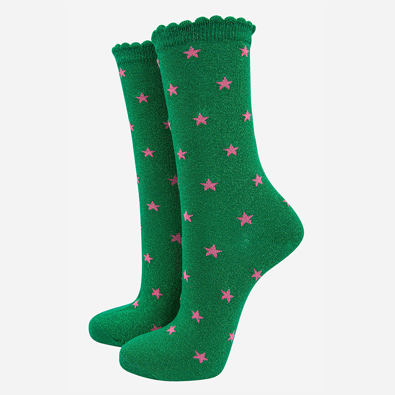 Womens Star Print Cotton Glitter Socks in Green