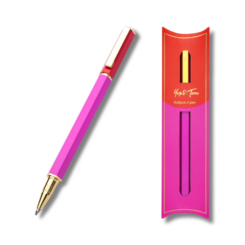 YOP AND TOM BALLPOINT PEN WITH A RED AND PINK BARRELL AND GOLD NIB