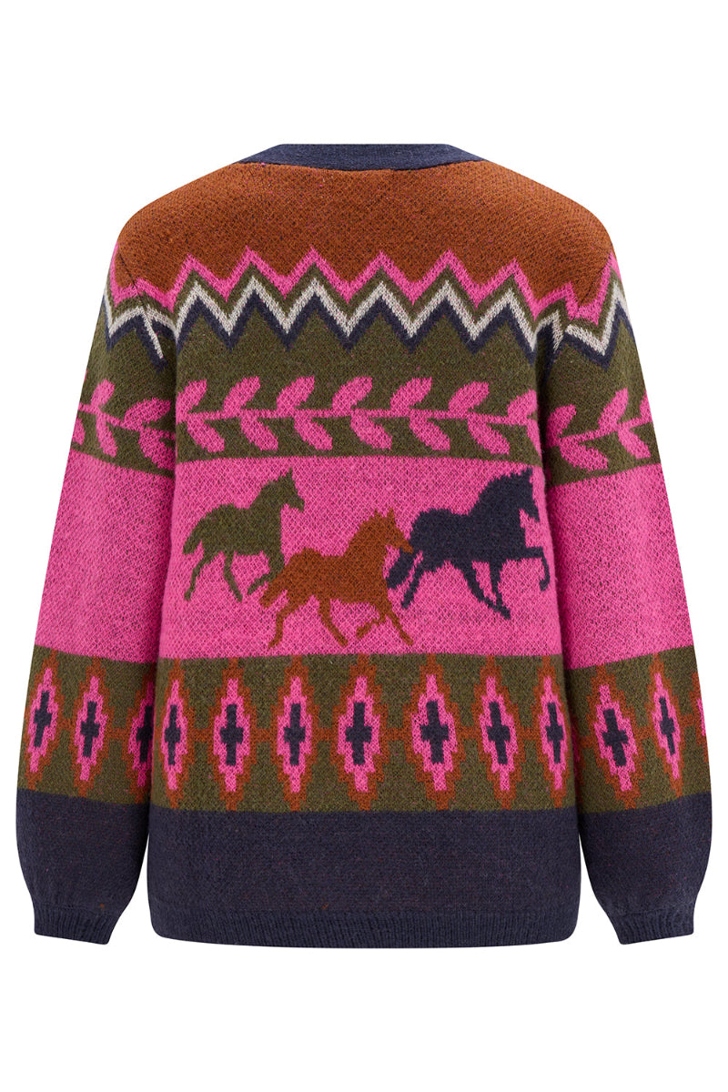A multicolor knit sweater featuring a pattern of three running horses in green, brown, and black on a pink band, with geometric borders in pink, olive green, and navy blue.