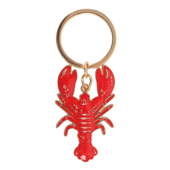 Red lobster keychain with gold ring on a white background