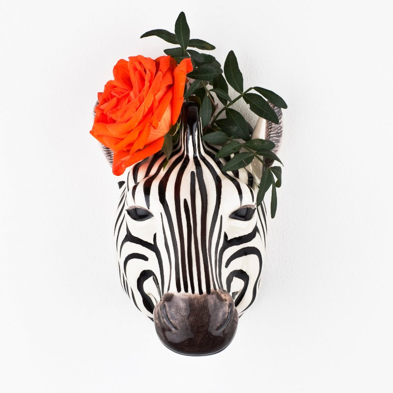 Zebra head wall vase with flower