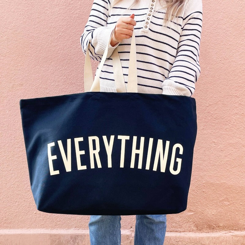 'everything' extra large tote bag in blue with off white lettering