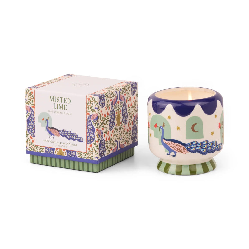 Adopo Peacock Ceramic Candle - Misted Lime boxed