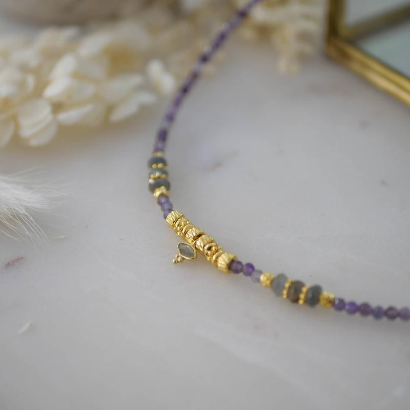 amethyst and labradorite boho gold necklace