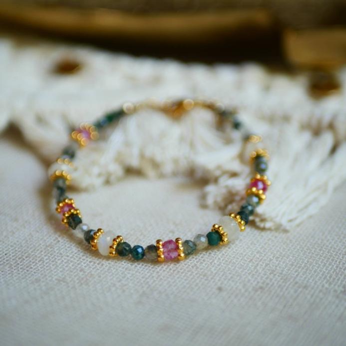 boho bracelet with moss agate and pink tourmaline gemstones with gold charms