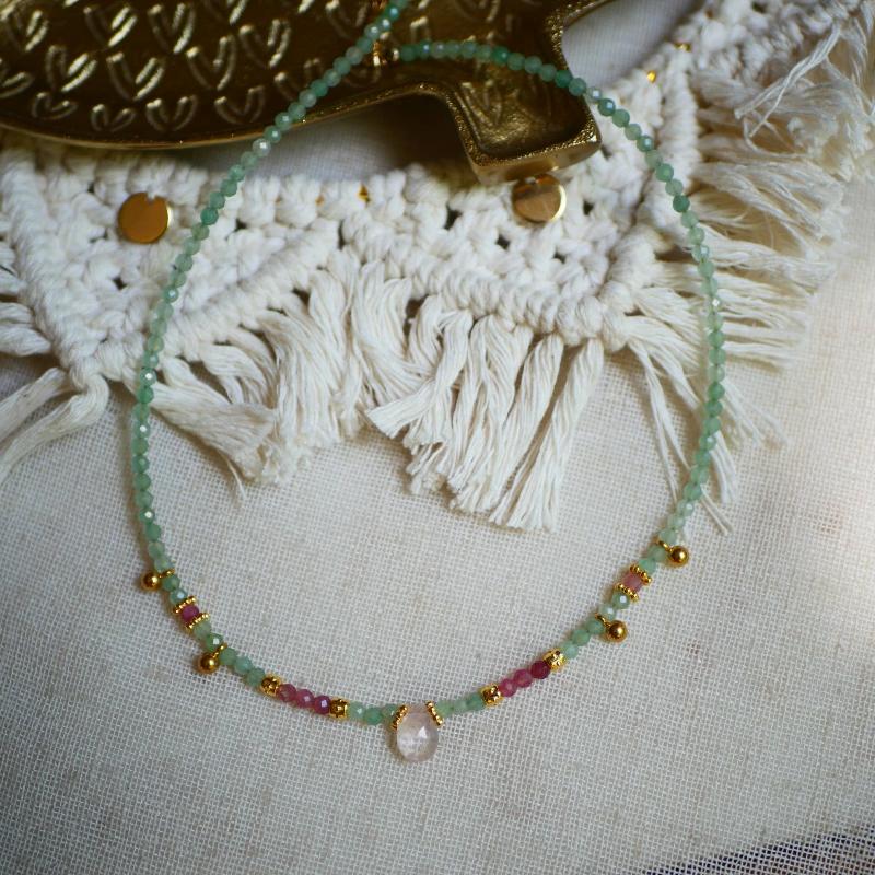 aventurine gemstone boho necklace with rosequartz and pink tournempine