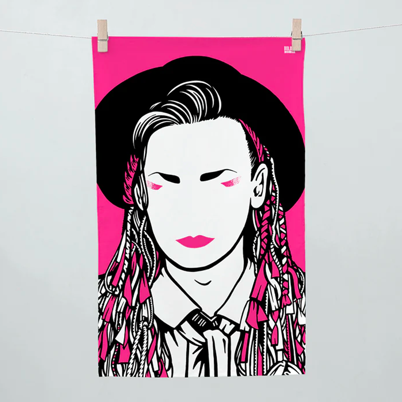 Boy Geaorge tea towel in pink by Bold & Noble