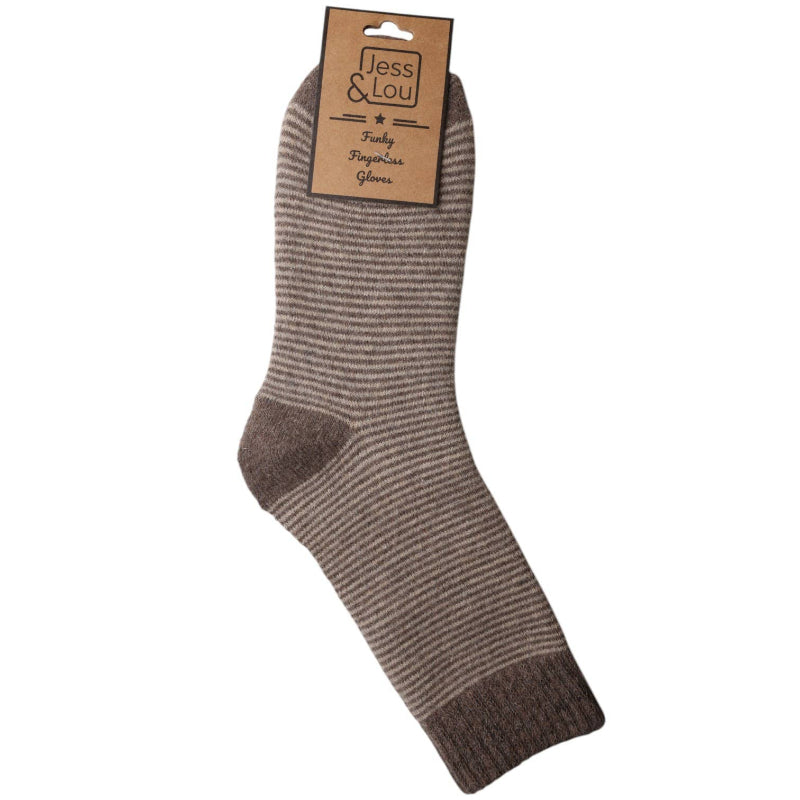 Brown sock with a visible brand label on a white background