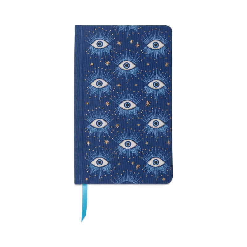 Blue notebook with eye pattern on a white background