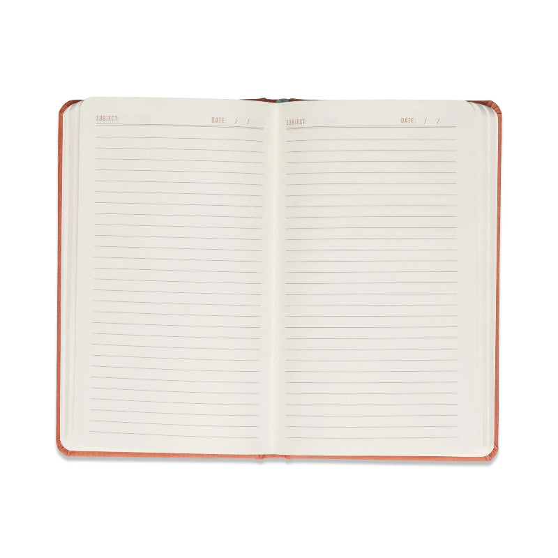 Open notebook with lined pages on a white background