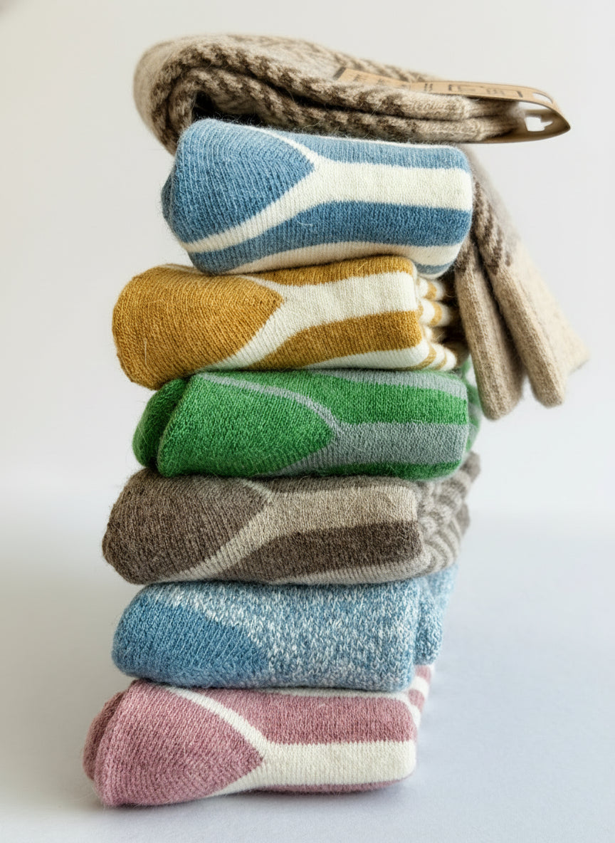 Stack of colorful knitted socks on a light background