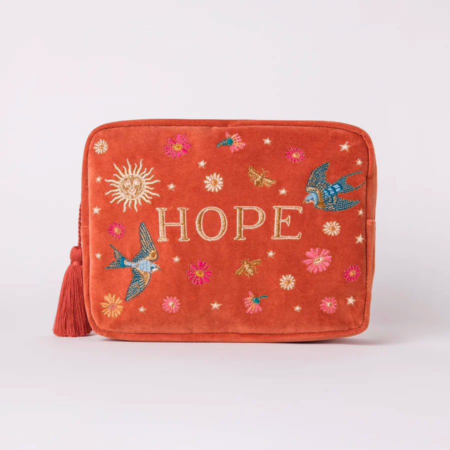 Velvet wash bag embroidered with HOPE by Elizabeth Scarlett