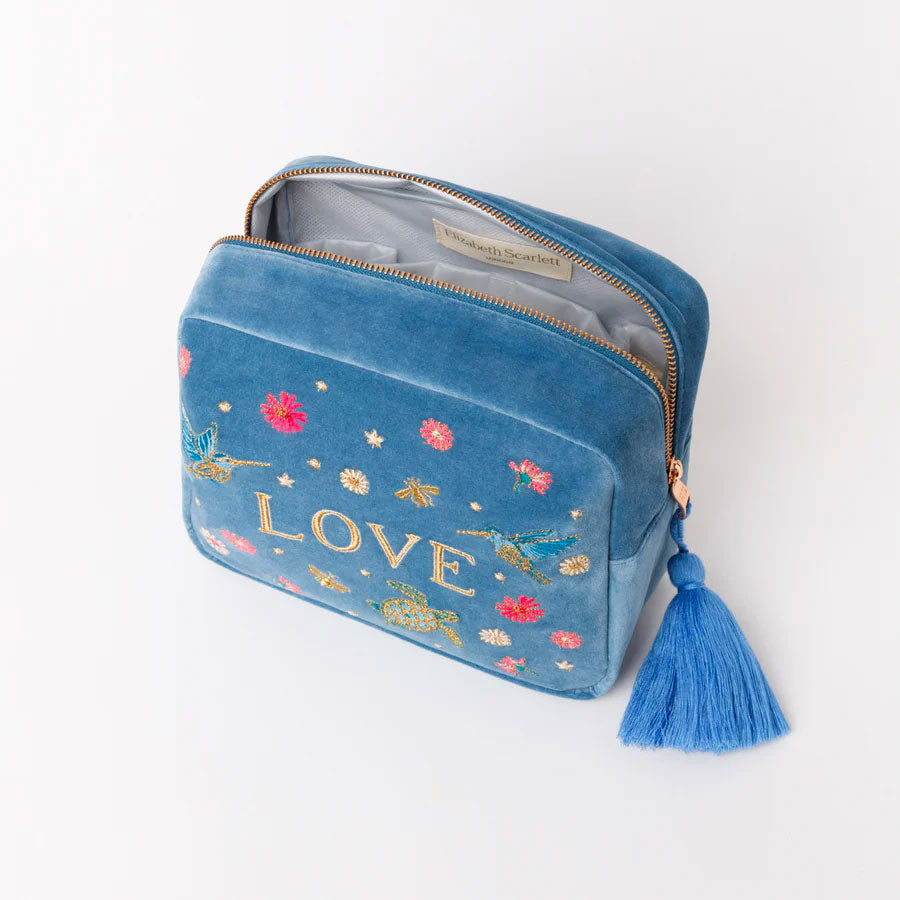give love wash bag blue velvet embroidered 