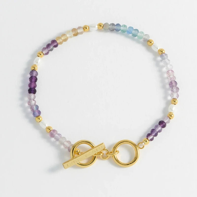 esteall bartlett flourite and pearl bracelet with gold t-bar