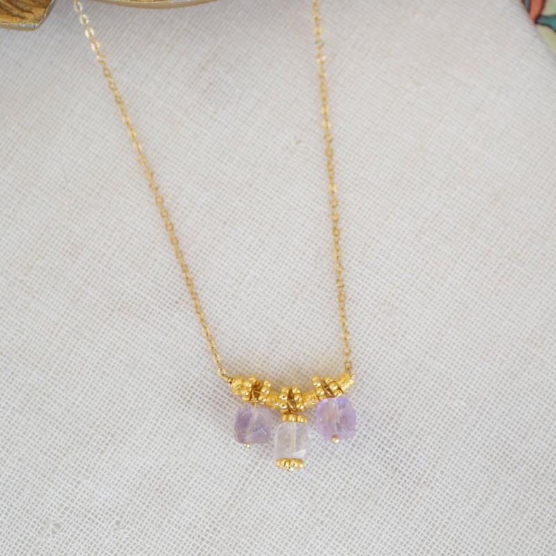 gold boho necklace with three amethyst stones on gold chain