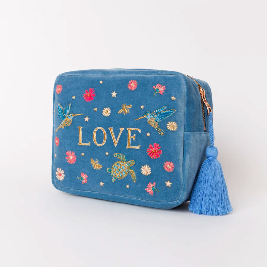 blue velvet wash bag embroidered with love