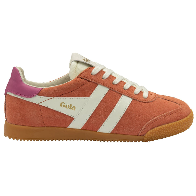 Gola Elan Trainer sneaker in hot coral, off white, and fuchsia with a lace-up closure and a gum outsole.