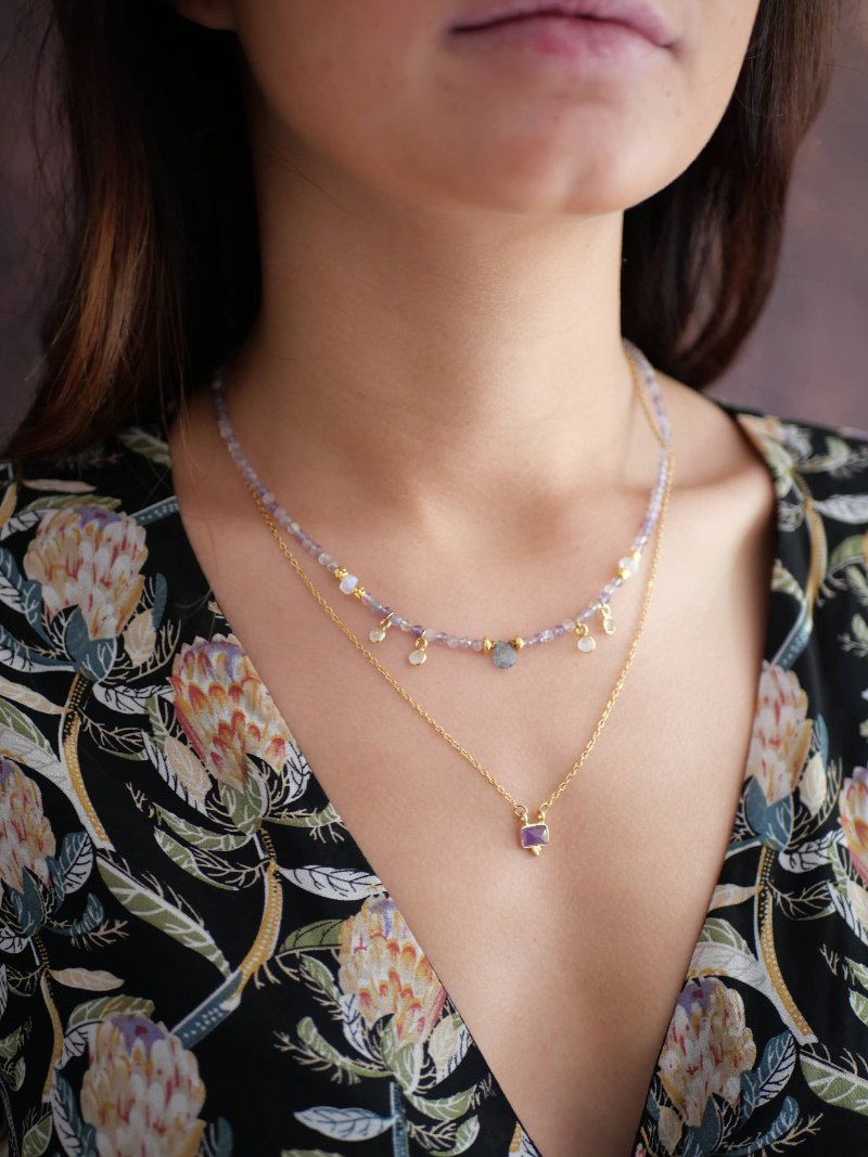 long gold chain with small square amethyst pendant