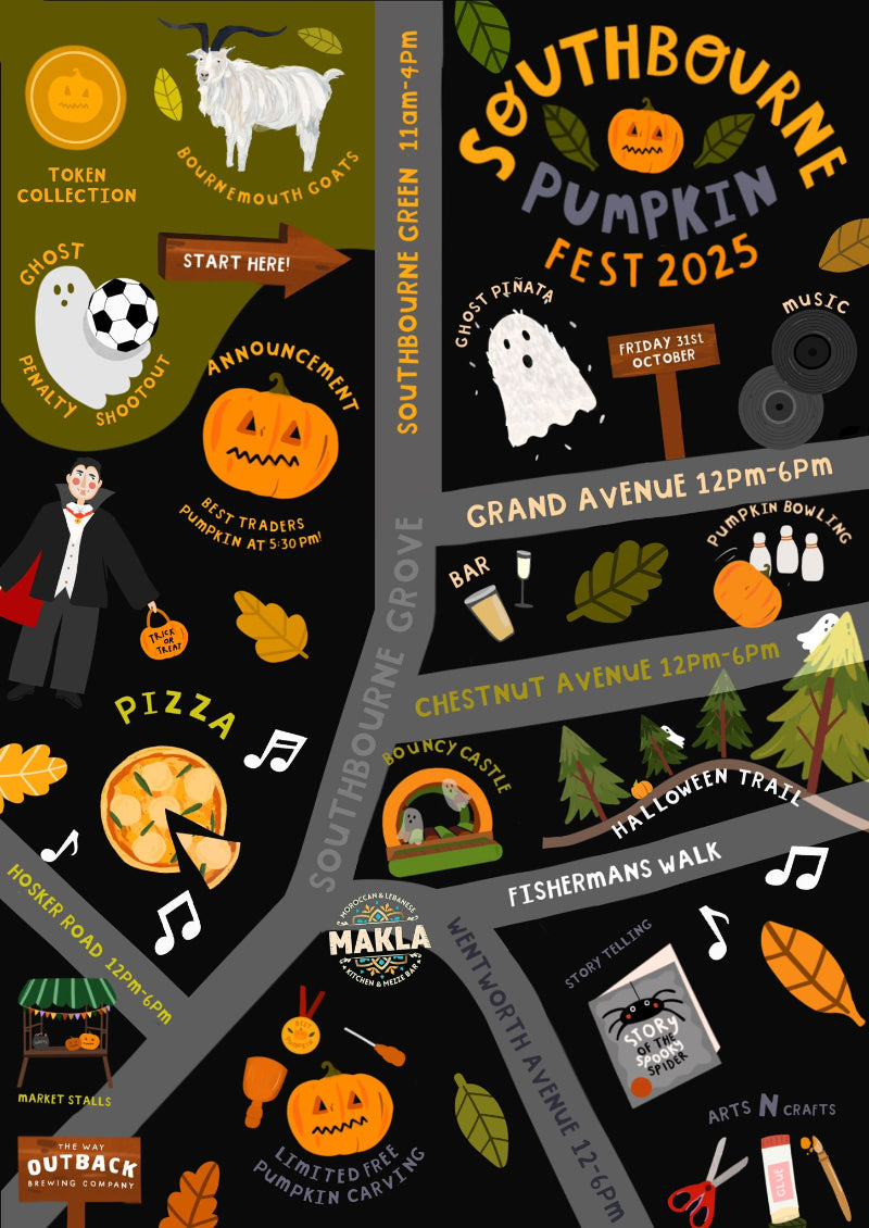 Map of Southbourne featuring Halloween-themed illustrations and text for Pumpkin Fest 2025.