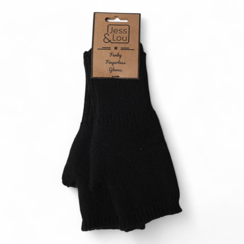 A pair of black knit fingerless gloves packaged with a brown cardboard header card labeled 'Jess & Lou'.