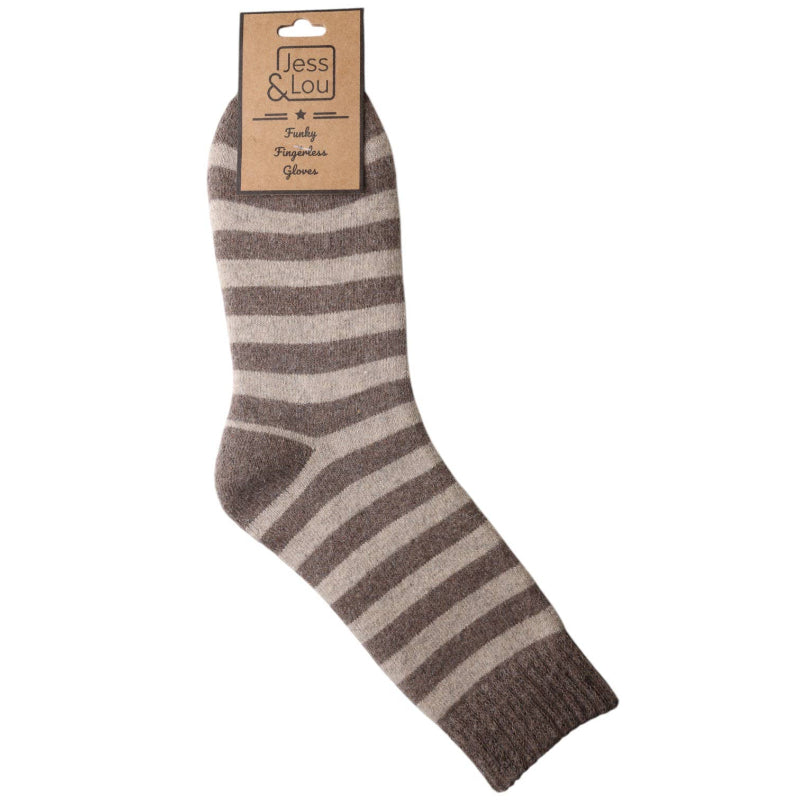 Striped sock with 'Jess & Lou' packaging on a white background