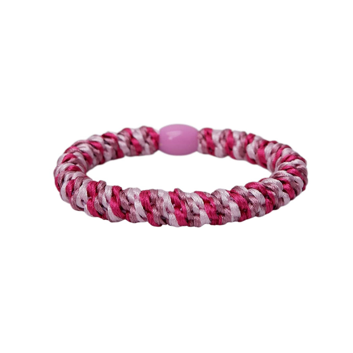 A braided elastic bracelet featuring a marled pink and white cord pattern with a smooth, oval pink bead at the center, shown on a plain white background.