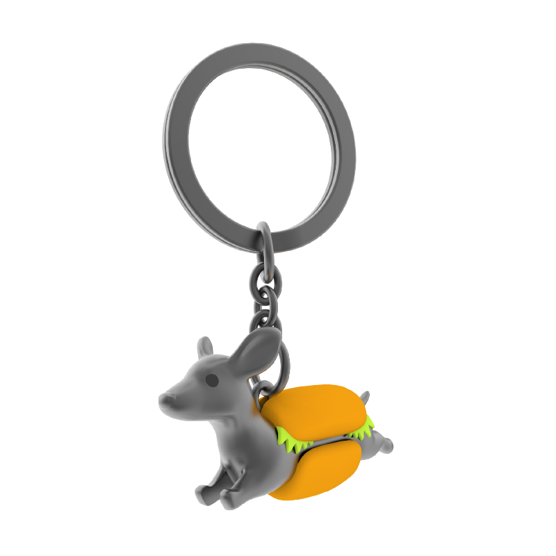 Keychain with a gray kangaroo carrying an orange bag on a white background