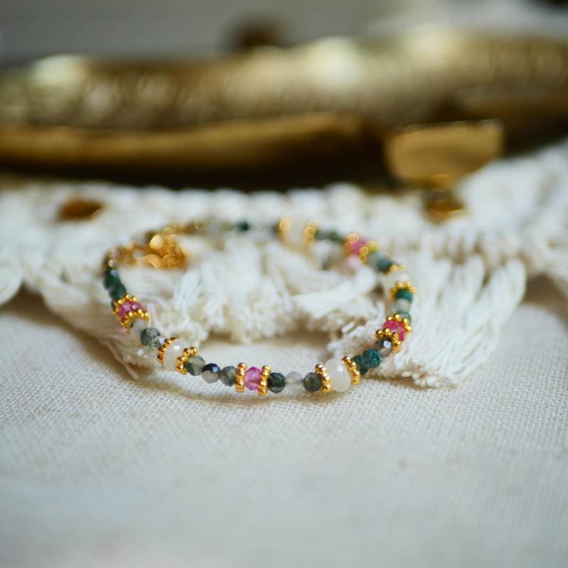 boho gemstone bracelet with gold charms