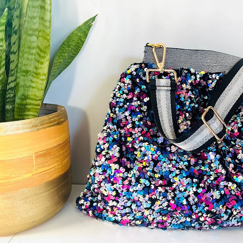 recycled sequin bag with multi coloured sequins and silver strap