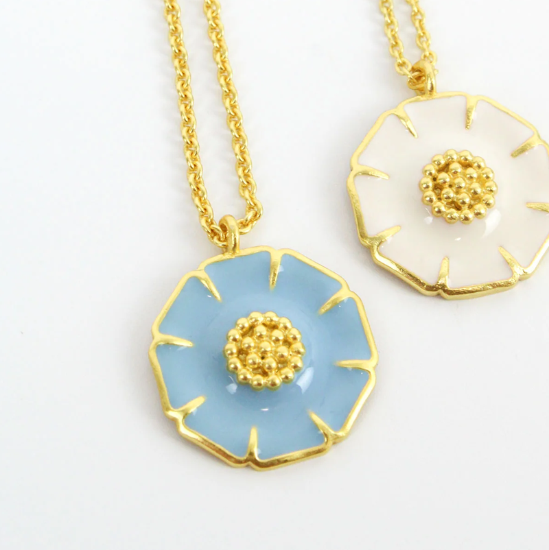 powder blue enamel daisy pendant necklace gold