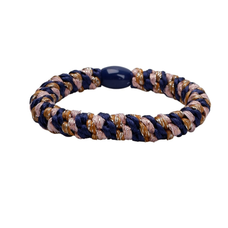 Bracelet with braided design in black, brown, and beige on a white background