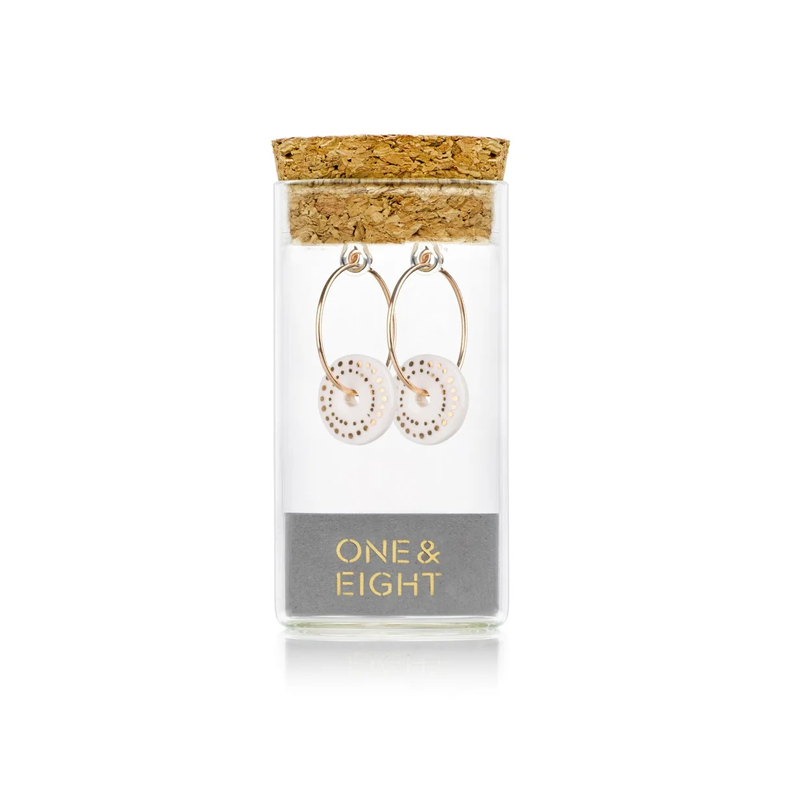 1 & 8 Porcelain White Dots Gold Earrings in glass corked bottle