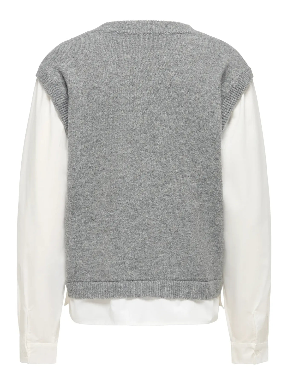 A gray knit sweater vest layered over a white long-sleeve shirt, shown from the back against a plain white background.