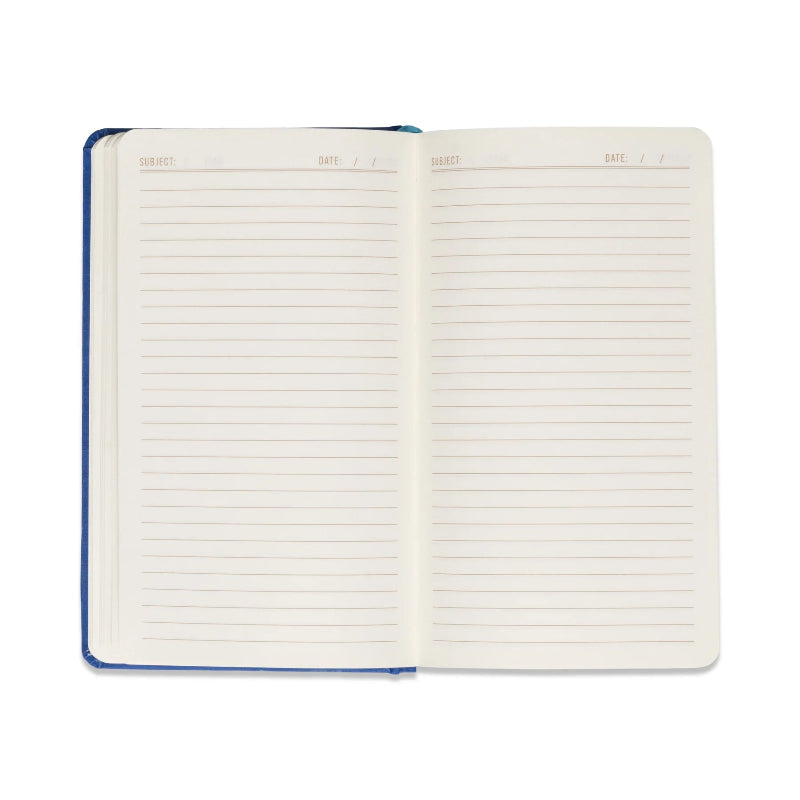 Open notebook with lined pages on a white background