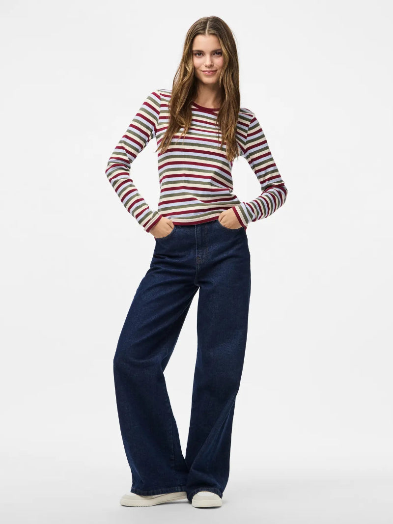 Pieces May Long Sleeved Top-Green/Beet Red on model with white background