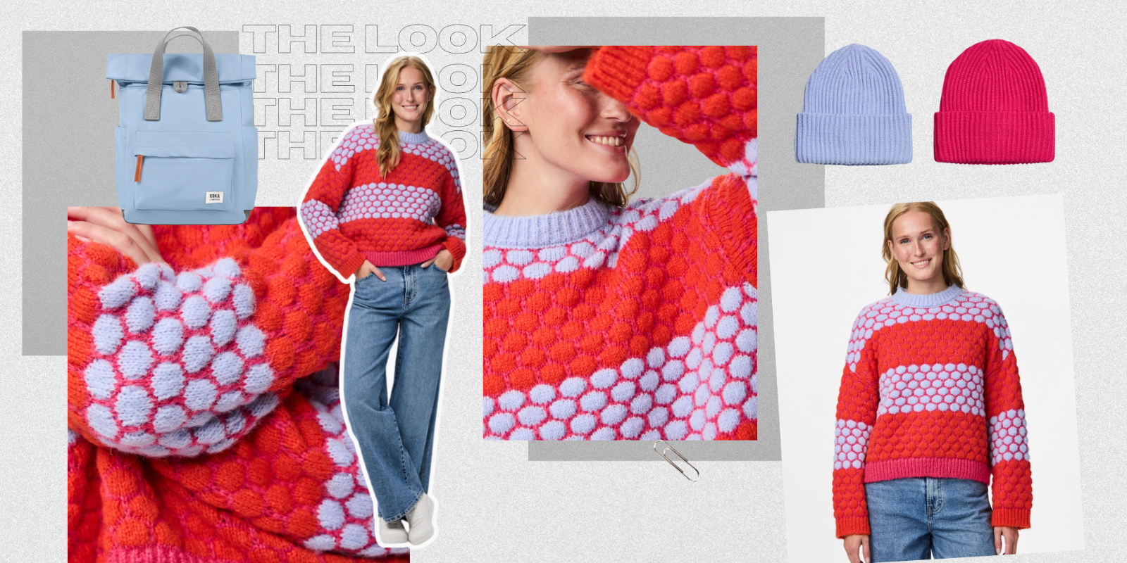 Collage of a woman wearing a red and white patterned sweater with accessories on a light gray background.