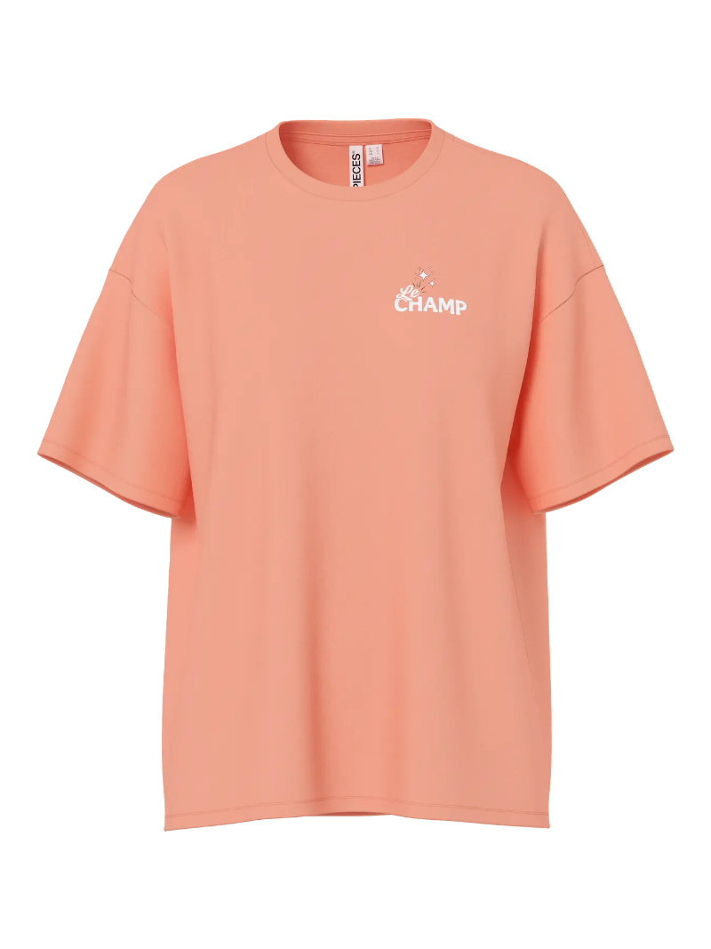 Peach-colored t-shirt with a logo on a white background