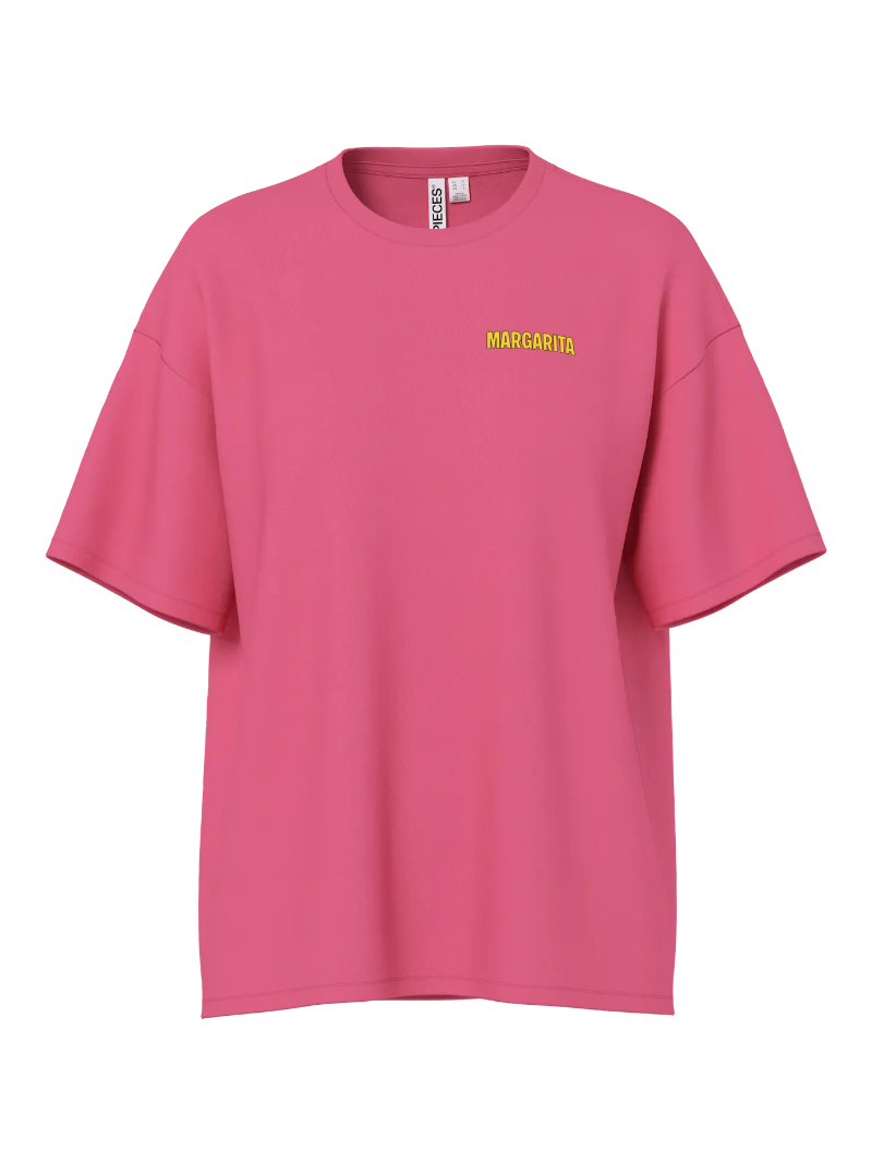 Pink t-shirt with yellow text on a white background