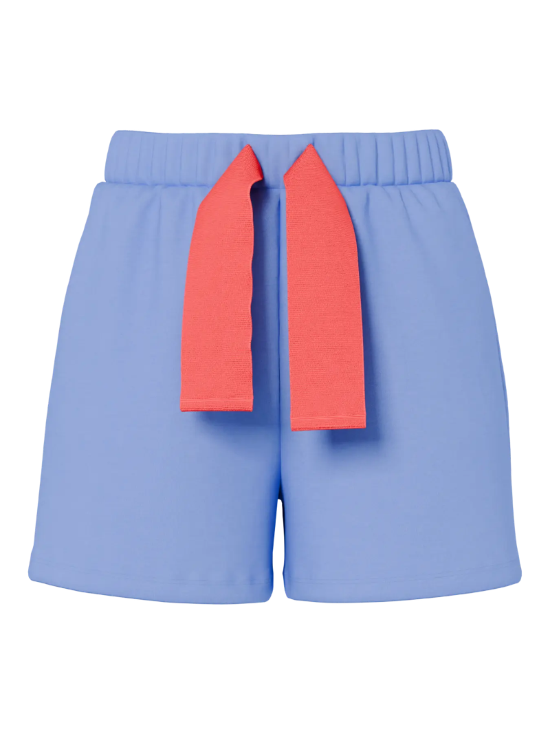 Blue shorts with pink drawstrings on a white background