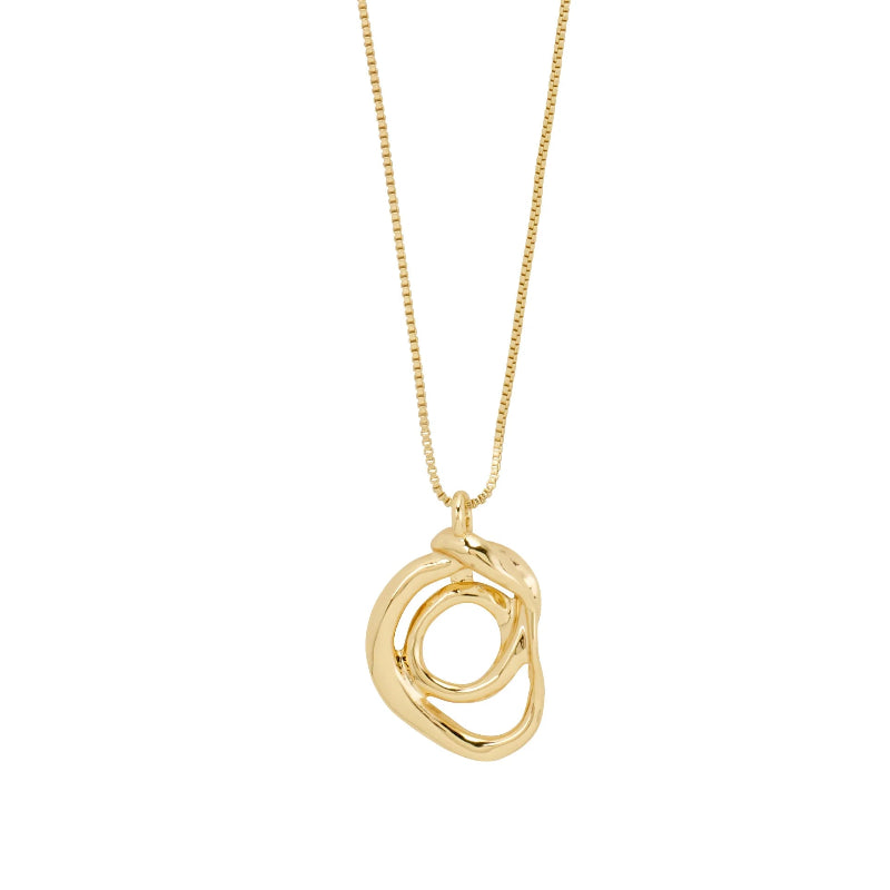 Gold necklace with a circular pendant on a white background