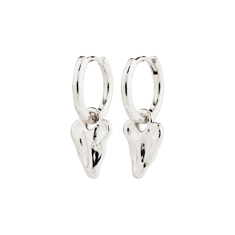 Pair of silver heart-shaped hoop earrings on a white background